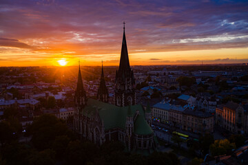 Fototapeta premium Aerial veiw on Elizabeth church in Lviv, Ukraine from drone.