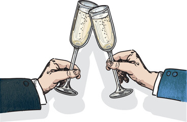 Clinking cheers glasses champagne graphic vector illustration. Chin chin party with two champagne glasses