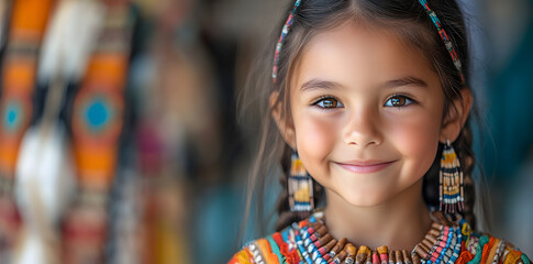 Fototapeta premium Portrait of smiling girl wearing native American traditional Indian jewelry and clothes isolated on white background