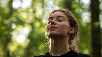 2410_114.young woman outdoors in a forest, eyes closed as she enjoys the peaceful surroundings, wearing dark sportswear, the green tones of the trees blurred in the background, conveying relaxation