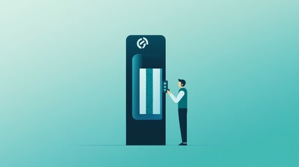 A modern vending machine with a user selecting an item in a minimalist digital design environment.