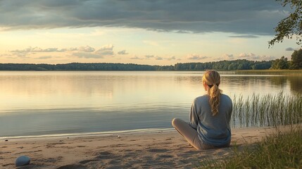2410_029.young woman seated on a beach by the lake, relaxed posture, soft warm light of the evening sun, calm waters reflecting the sky, peaceful and tranquil atmosphere, enjoying solitude, natural