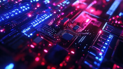 Obraz premium Close up of computer motherboard in neon lights, background with copyspace