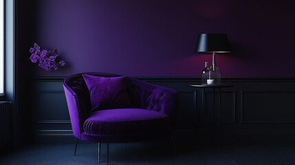 Illustration of a purple armchair in a room with a luxury eye-catching lamp in a modern dark purple shade.