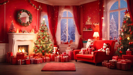 クリスマスツリーが飾られた赤い部屋