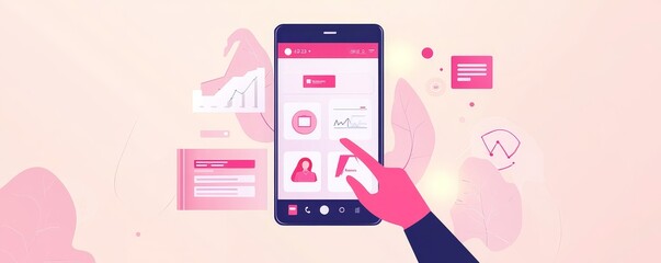 A digital interface showcasing a mobile app with graphs and icons, perfect for technology and data visualization themes.