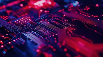 Obraz premium Close up of computer motherboard in neon lights, background with copyspace