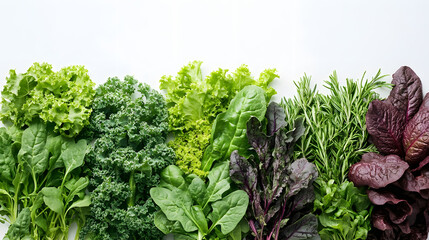 Assortment of fresh leafy greens like spinach, kale, and arugula isolated on a white background