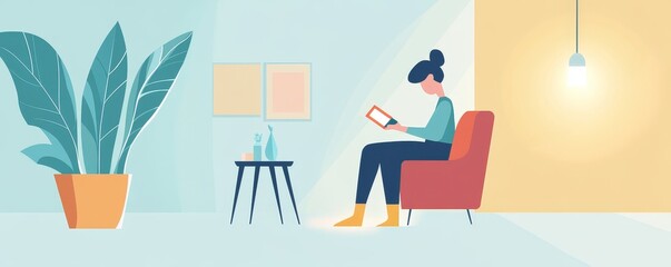 Cozy interior scene featuring a woman reading in a stylish chair, surrounded by modern decor and a vibrant plant.