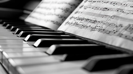 A Close-Up of Piano Keys and Sheet Music