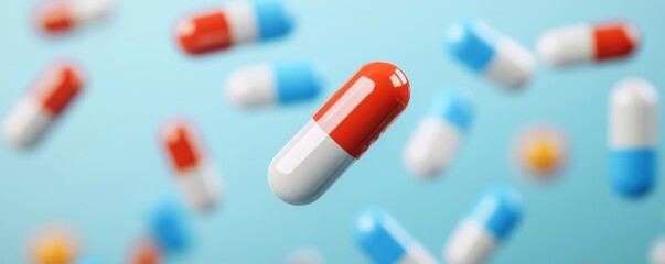 Red and White Pills Falling on Blue Background Pharmacy Healthcare Medicine Concept