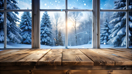 Empty wooden table, blurred winter window background