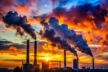 Obraz premium Smoke rising from factory chimneys during a colorful sunset. Banner, background for industrial, environmental awareness