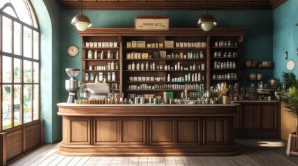 A Vintage Apothecary Shop With Wooden Shelving and Counter