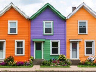 Obraz premium Charming row of vibrant houses in bright green and orange, showcasing a lively and colorful neighborhood.