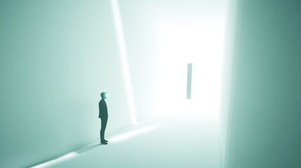 A silhouette of a person standing in a bright, minimalist hallway, symbolizing hope, opportunity, and discovery.