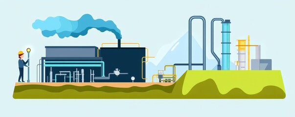 An industrial scene showcasing a factory with smoke stacks, pipes, and machinery, symbolizing production and industry.