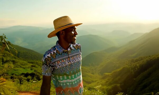 Haitian Man Hiking in Lush Mountain Landscape