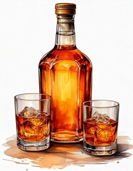 A watercolor illustration of a whiskey bottle and two glasses filled with ice and amber liquid, perfect for beverage-themed artwork.