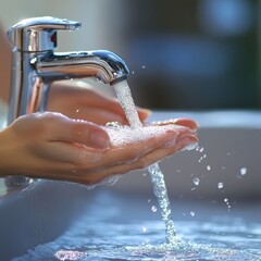 Fototapeta premium A close-up shot of hands receiving flowing water from a modern faucet, highlighting cleanliness and freshness.