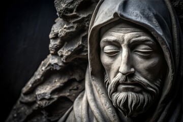 Serene Epictetus Stone Carving with Blind Eyes in Philosophers Robe, Macro Photography Aesthetic on Pure Black Background, Charcoal Drawing Style for Philosophical Art Lovers