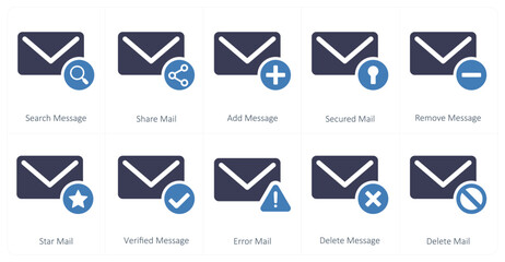 A set of 10 mail icons as search message, share mail, add message