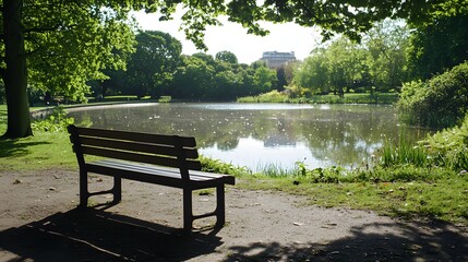 110. An empty park bench overlooking a tranquil pond, surrounded by greenery
