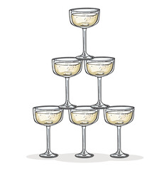 champange glasses build up to pyramid wedding celebration fancy style on white background