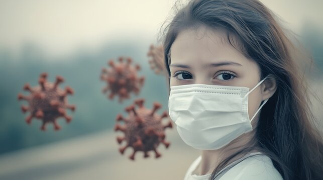 A young girl looking unwell and wearing a protective mask, symbolizing the importance of taking precautions against COVID19 and other viruses.