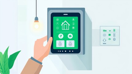 A hand operating a smart home tablet with green interface, showcasing modern technology and energy efficiency in home automation.
