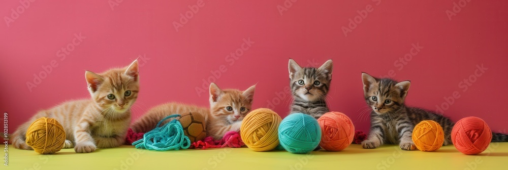 Poster four adorable kittens are happily playing with vibrant yarn and balls, showcasing their playful anti