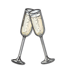 Clinking cheers glasses champagne graphic vector illustration. Chin chin party with two champagne glasses