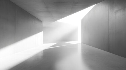 A minimalistic interior space with light beams illuminating a concrete structure.