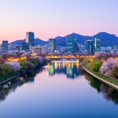 Naklejka premium Scenic city skyline at dusk with cherry blossoms along the river.