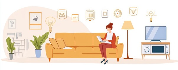 Cozy living room scene with a person reading on a sofa, surrounded by plants and modern decor.