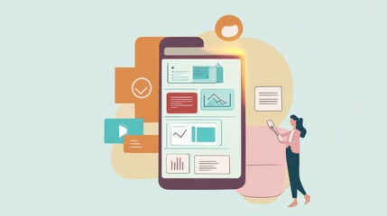 A digital illustration of a woman interacting with a smartphone showcasing various data and multimedia elements.