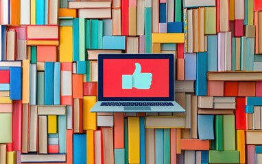 A creative art collage poster depicting a laptop on a colorful array of books, featuring a thumbs-up icon on the screen