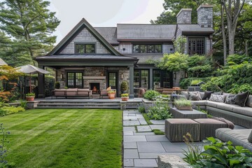 Architectural photo of an elegant New England home featuring grey shingle walls, green grass, and landscaped backyard with a stone fireplace and large windows.