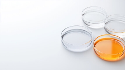 Four glass petri dishes with clear liquid in them