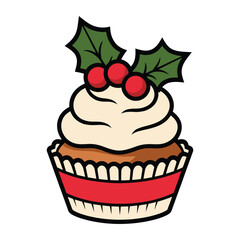 Christmas Cupcake with Holly and Berries Illustration
