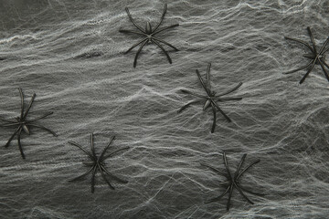 Halloween decoration concept. Artificial spider web decoration with spiders on black background. top view