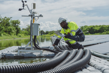 African-American engineer carefully examines cutting-edge floating solar panel system designed to harness renewable energy for complex industries...