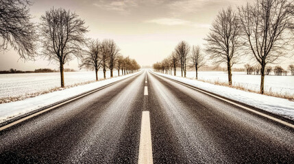 Winter Road with Snow-Dusted Fields and Barren Trees