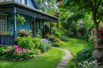 Fototapeta premium Beautiful home garden featuring lush green grass, flower beds, and an elegant front porch, complemented by artistic sculptures in the summer landscape.