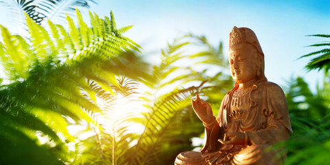 Tranquil buddha statue amidst serene nature background