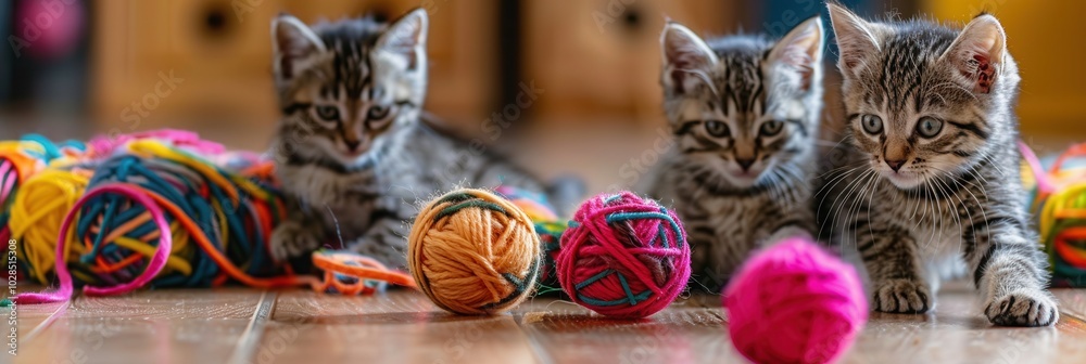 Poster Three lively kittens play with vibrant yarn balls and strings, exploring their environment with enthusiasm and delight. Generative AI