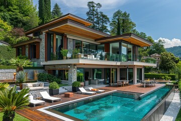 Fototapeta premium Stunning modern villa with swimming pool and wooden terrace, nestled among green trees on the hillside of Lake Como, Italy.