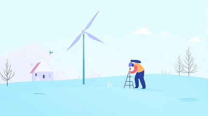 A person observes a wind turbine in a serene landscape, emphasizing renewable energy and sustainable living.