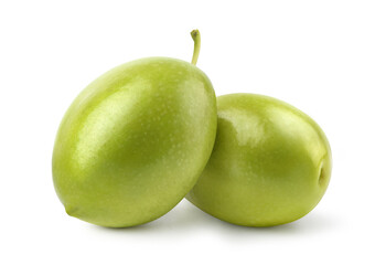 Green olives fruit isolated on white background. Clipping path.