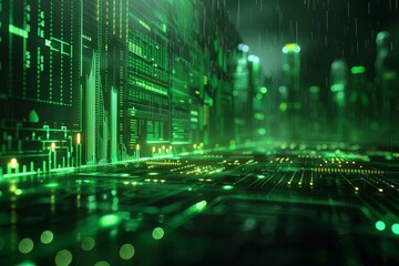 Fototapeta premium Futuristic green data visualization background with a data science theme, featuring a green and black color scheme, including chart lines and bar graphs, ideal for presentations.